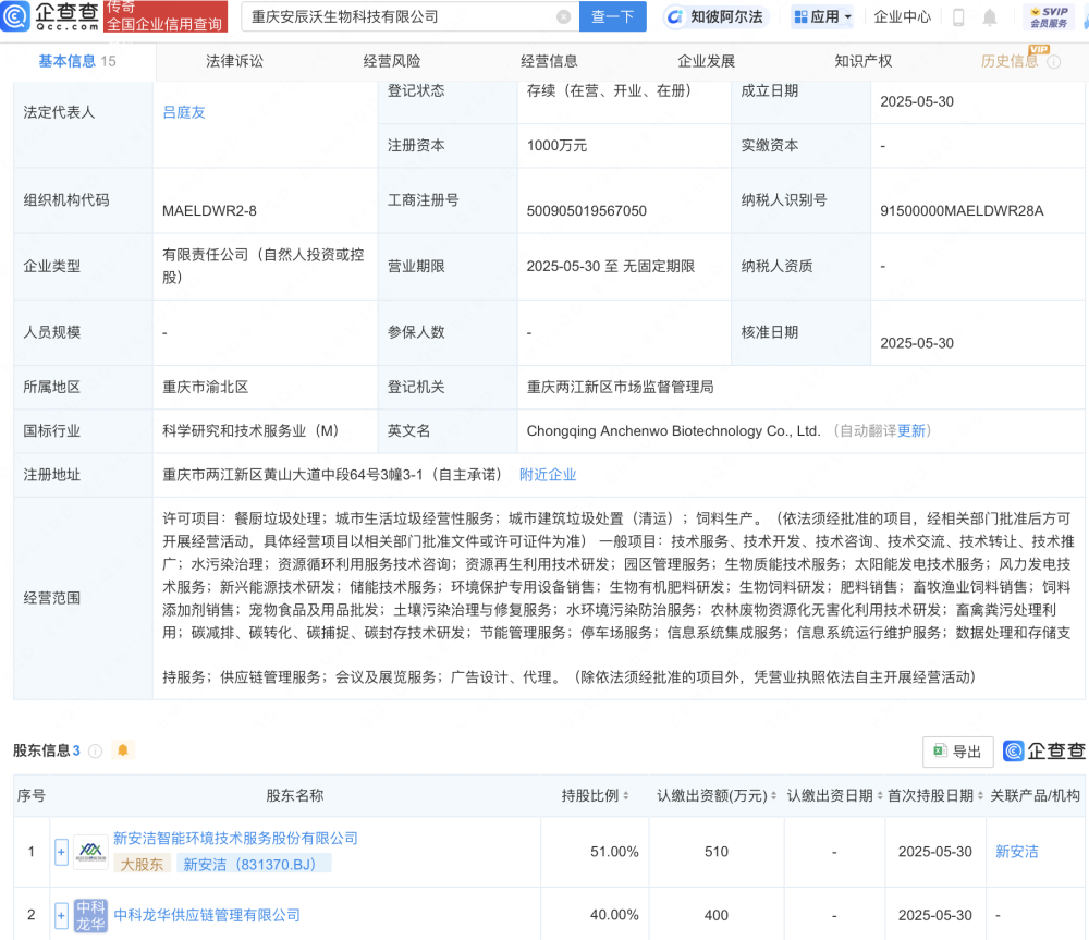 新安潔資成立重慶新生物科技公司，布局畜牧漁業(yè)飼料銷售領(lǐng)域